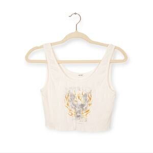 Garage Cropped Tank Top M White Ribbed Graphic Fitted Casual Y2K Trendy
